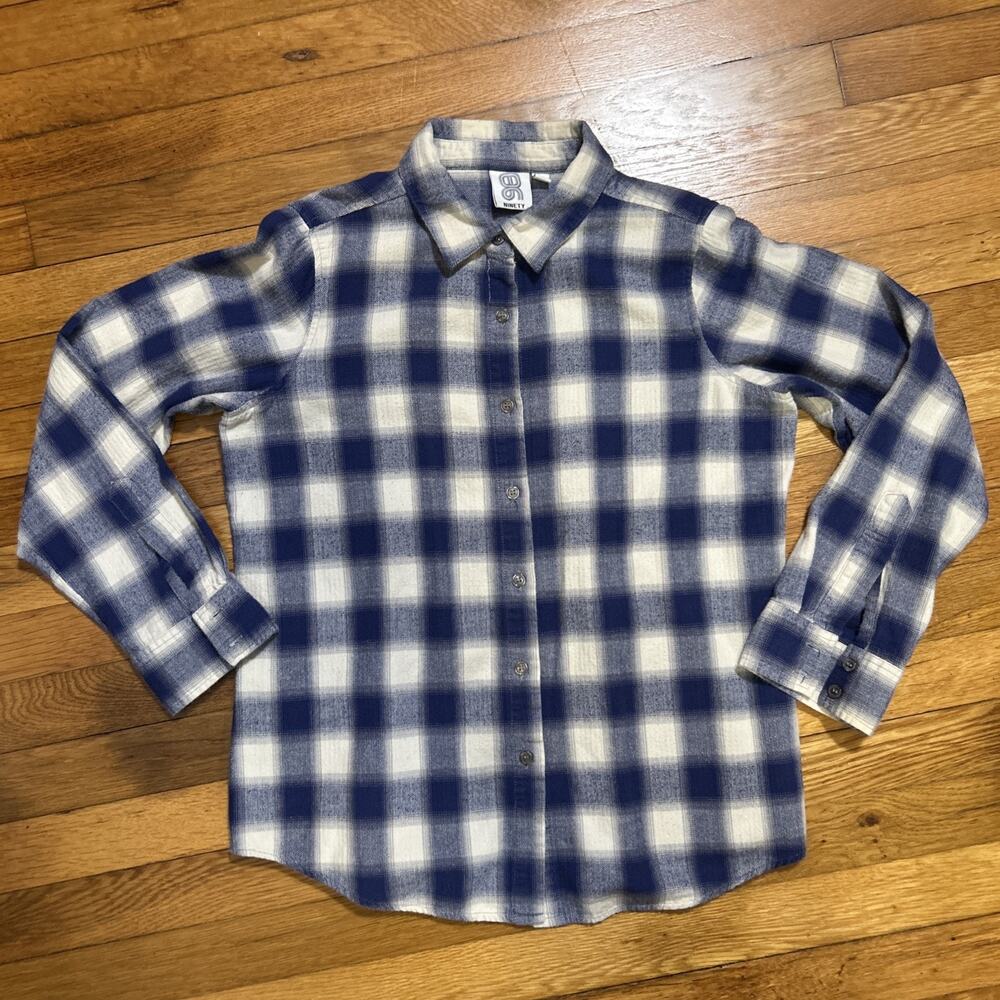 Ninety Women's size Large Button Up Cotton Flannel Blue & White Plaid Shirt